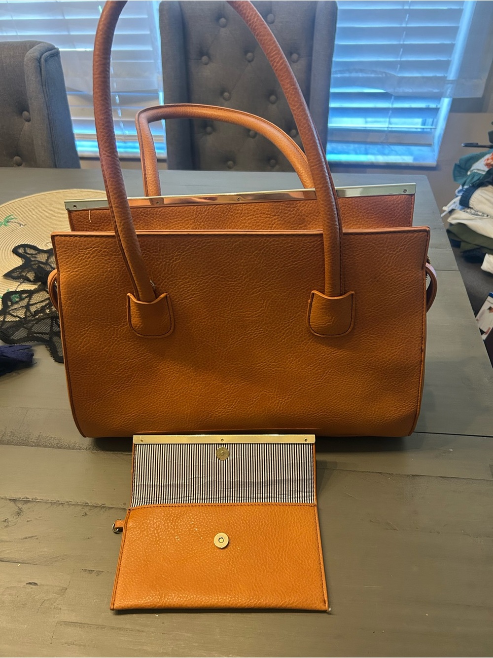 Classic Structured Tote Bag with Matching Wallet - Cognac